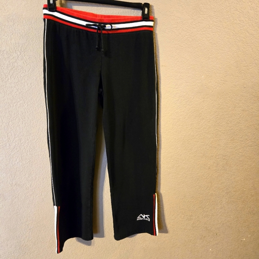 Anne Klein Womens Black Lounge Pants Drawstring Red/White/Black Trim PS